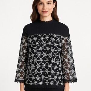 S. She Style Womens Floral Embroidered Black Lace Top Blouse Medium Lined Boho